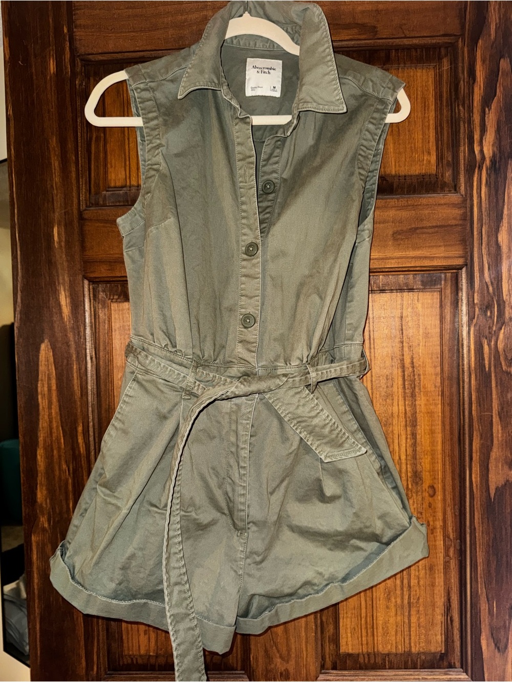 Abercrombie & Fitch Olive Green Sleeveless Utility Romper with Tie Waist